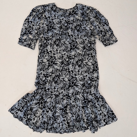90's Mini Dress Black White Floral Drop Waist Ruffles Short Sleeve Ashley Taylor - Picture 2 of 14